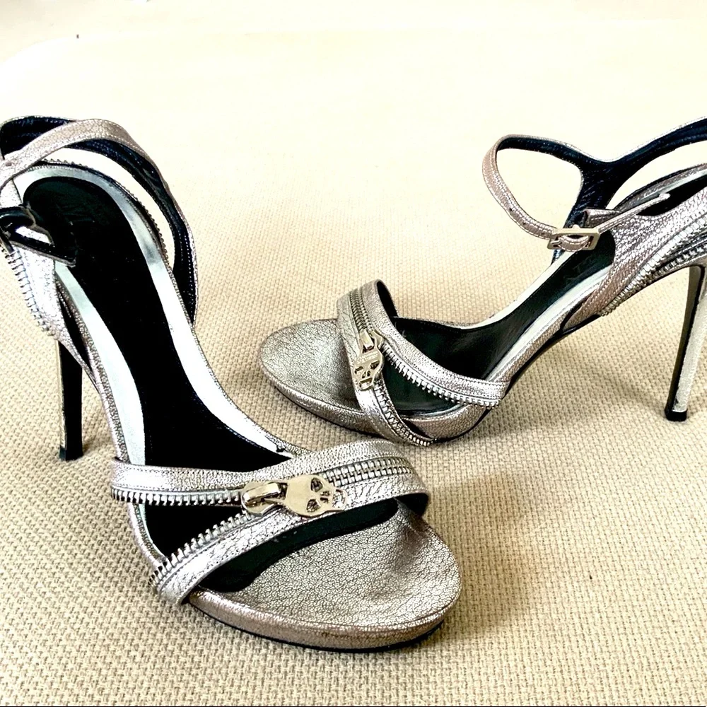 Alexander McQueen skull silver high heel sandals 38